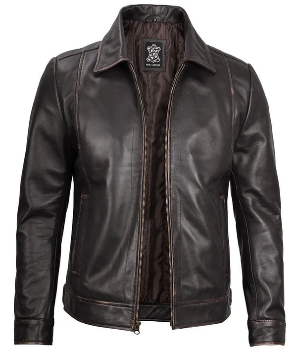 Men's Genuine Real Leather Jacket | Vintage Distressed Brown Zip-Up Motorcycle Jacket with Shirt Collar
