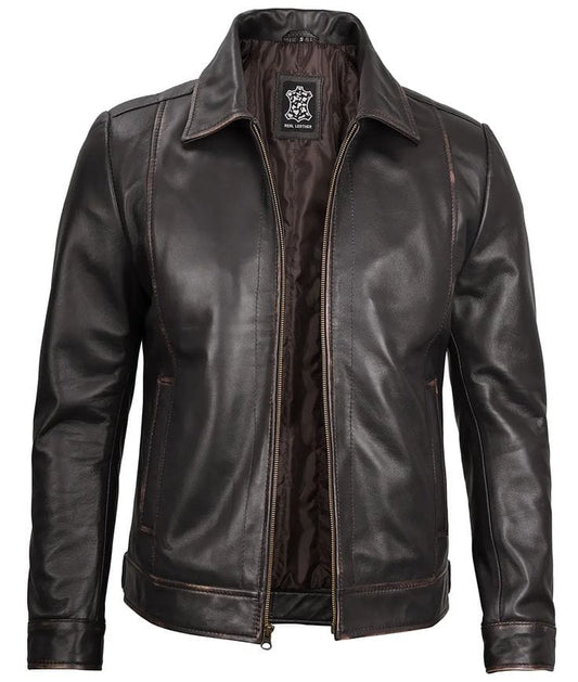 Men's Genuine Real Leather Jacket | Vintage Distressed Brown Zip-Up Motorcycle Jacket with Shirt Collar