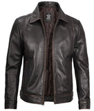 Men's Genuine Real Leather Jacket | Vintage Distressed Brown Zip-Up Motorcycle Jacket with Shirt Collar