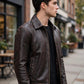 Men's Genuine Real Leather Jacket | Vintage Distressed Brown Zip-Up Motorcycle Jacket with Shirt Collar