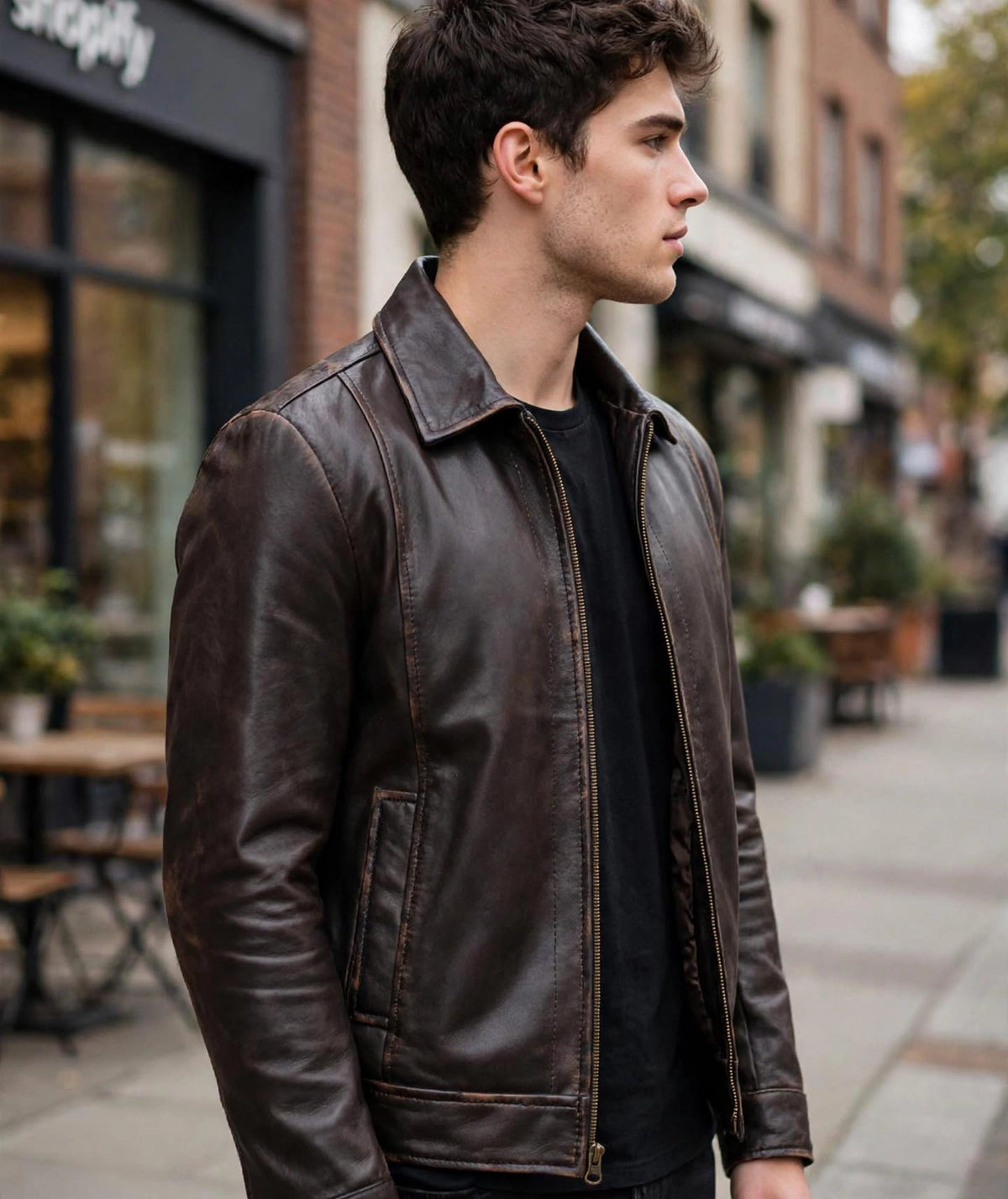 Men's Genuine Real Leather Jacket | Vintage Distressed Brown Zip-Up Motorcycle Jacket with Shirt Collar